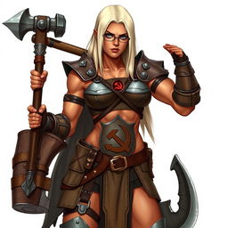 A full-body illustration of a half-orc woman with terracotta-colored skin and platinum blonde, waist-length straight hair