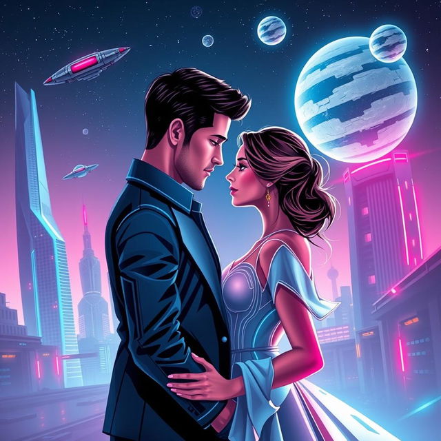 A book cover design for a science fiction romance novel, featuring a modern and elegant aesthetic