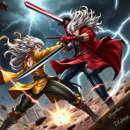 A dynamic and intense battle scene depicting Dante from the Devil May Cry series in a fierce confrontation with Dio Brando from JoJo's Bizarre Adventure