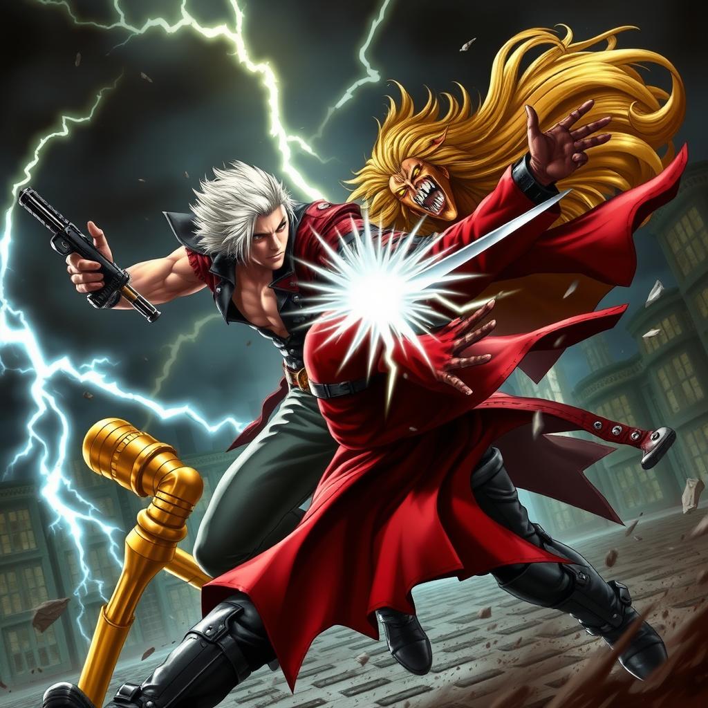 A dynamic and intense battle scene depicting Dante from the Devil May Cry series in a fierce confrontation with Dio Brando from JoJo's Bizarre Adventure