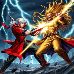 A dynamic and intense battle scene depicting Dante from the Devil May Cry series in a fierce confrontation with Dio Brando from JoJo's Bizarre Adventure