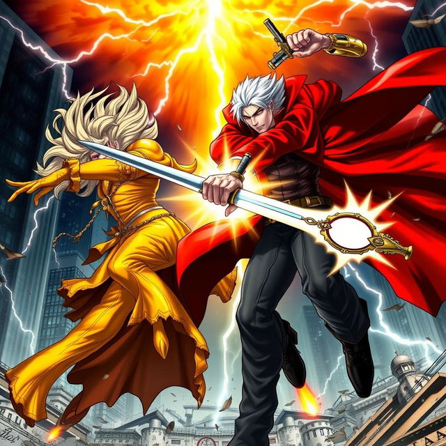 A dynamic and intense battle scene depicting Dante from the Devil May Cry series in a fierce confrontation with Dio Brando from JoJo's Bizarre Adventure