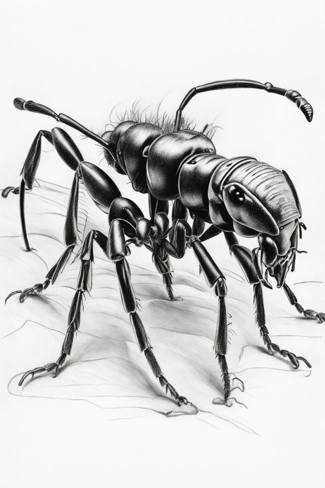 A detailed pencil drawing of an ant, showcasing the artist's skill in using various pencil strokes and shading techniques to create a realistic and intricate representation of the creature