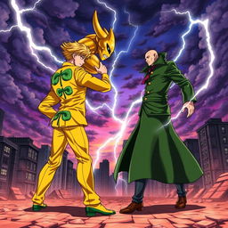 A dynamic and intense battle scene featuring Giorno Giovanna and DIO Brando from the anime "JoJo's Bizarre Adventure"