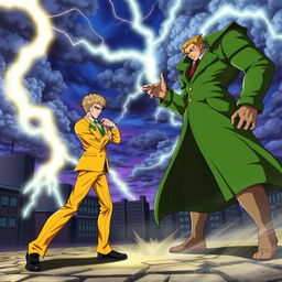 A dynamic and intense battle scene featuring Giorno Giovanna and DIO Brando from the anime "JoJo's Bizarre Adventure"