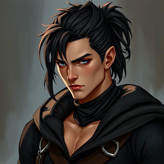 A semi-elf man with clear skin and flushed cheeks, featuring long, slightly wavy black hair styled in a high ponytail