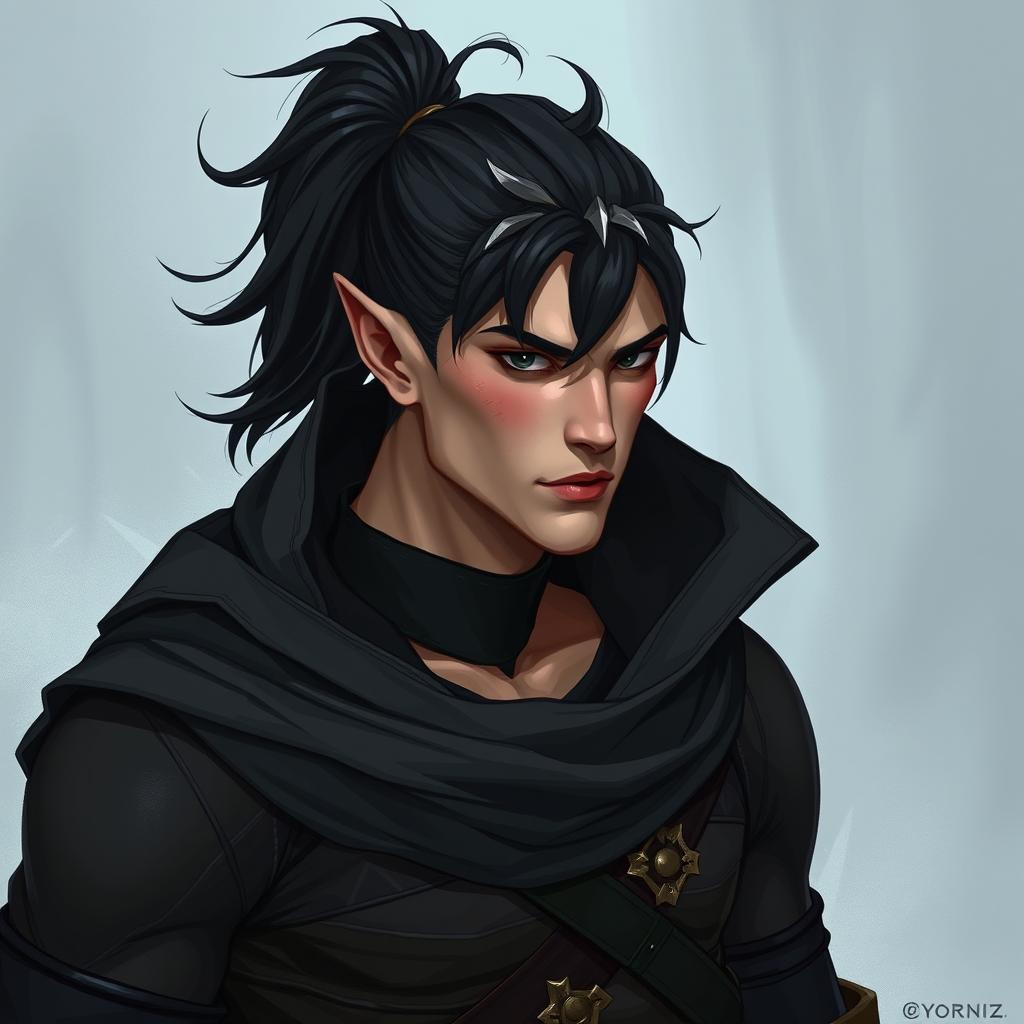 A semi-elf man with clear skin and flushed cheeks, featuring long, slightly wavy black hair styled in a high ponytail
