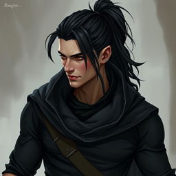 A semi-elf man with clear skin and flushed cheeks, featuring long, slightly wavy black hair styled in a high ponytail