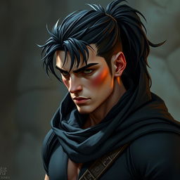A semi-elf man with clear skin and flushed cheeks, featuring long, slightly wavy black hair styled in a high ponytail