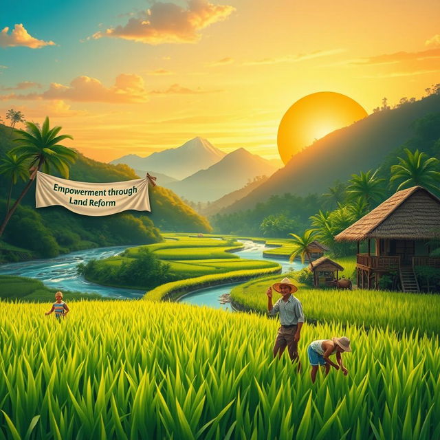 A vibrant digital art poster showcasing the theme of land and agrarian reform programs in the Philippines