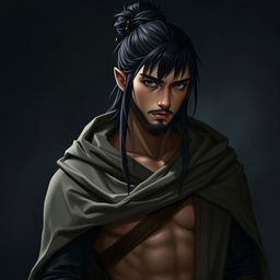 A 32-year-old male half-elf character of medium height, designed to blend in with humans