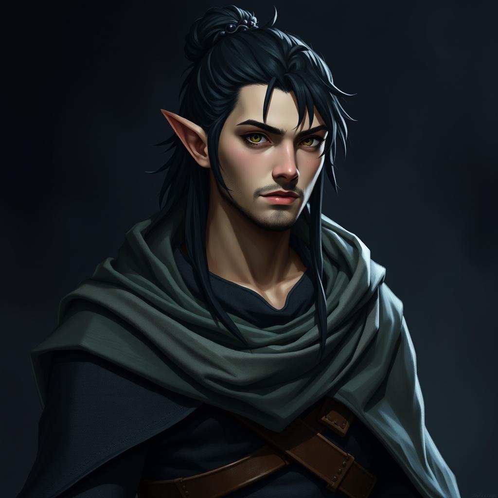 A 32-year-old male half-elf character of medium height, designed to blend in with humans