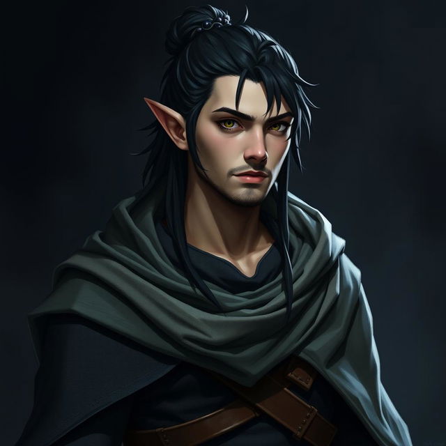 A 32-year-old male half-elf character of medium height, designed to blend in with humans