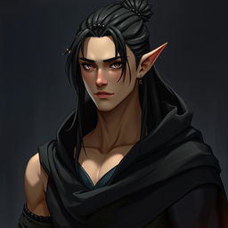 A realistic depiction of a 32-year-old male half-elf character who is of medium height, designed to blend seamlessly with humans