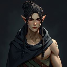 A realistic depiction of a 32-year-old male half-elf character who is of medium height, designed to blend seamlessly with humans