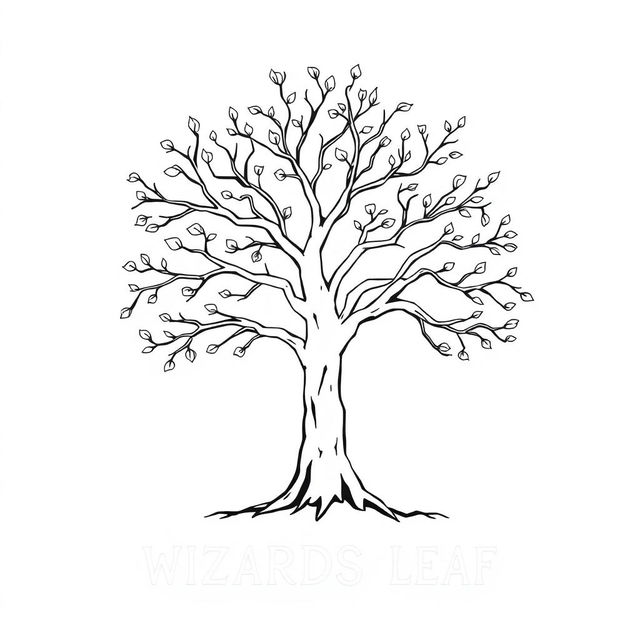 A simple and elegant outline drawing of a tree, featuring intricate branches and leaves, rendered in black and white