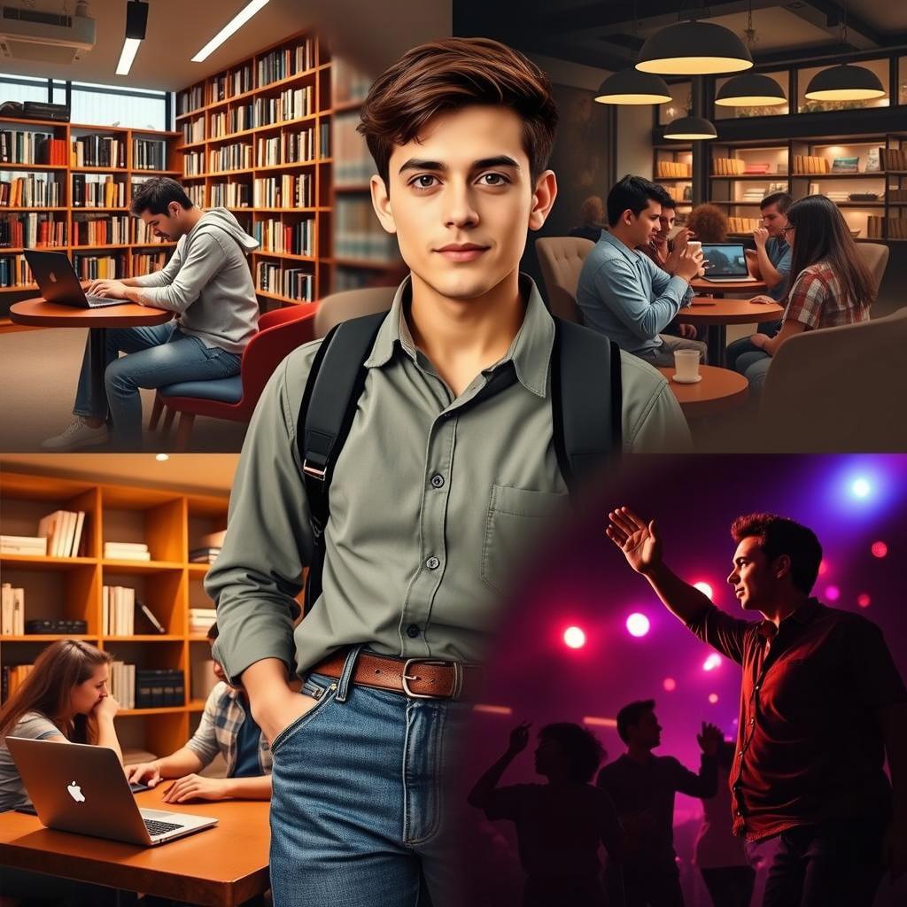 A young man standing confidently in a library with bookshelves in the background