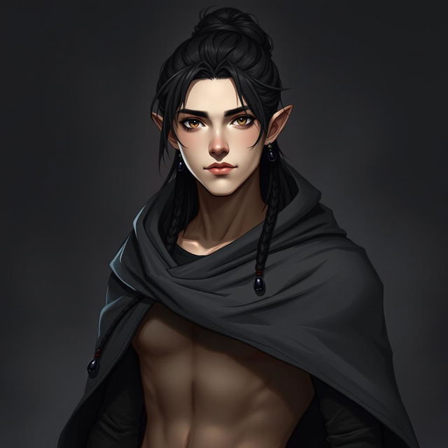 A full-body portrait of a 32-year-old male half-elf character designed to blend in with humans