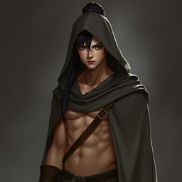 A full-body portrait of a 32-year-old male half-elf character designed to blend in with humans