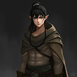 A full-body portrait of a 32-year-old male half-elf character designed to blend in with humans