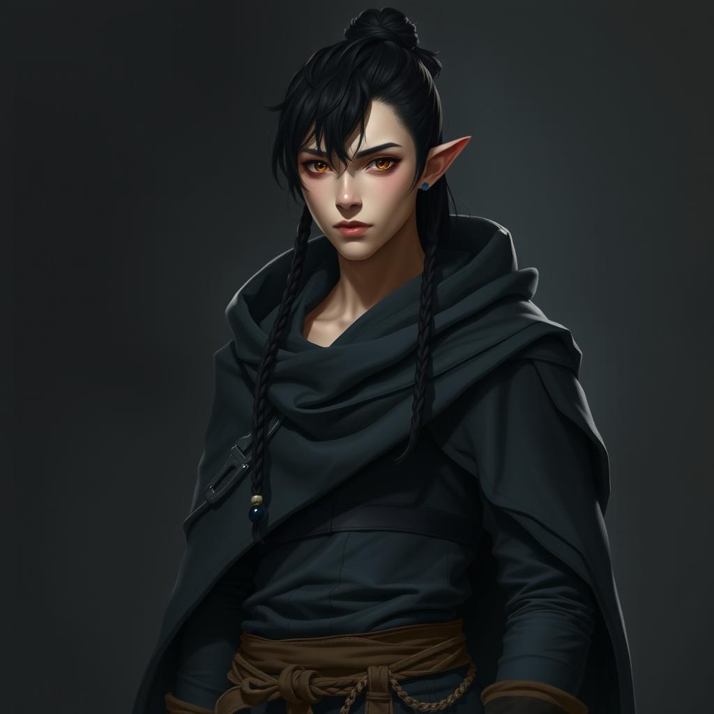 A full-body portrait of a 32-year-old male half-elf character designed to blend in with humans