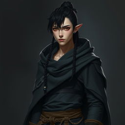 A full-body portrait of a 32-year-old male half-elf character designed to blend in with humans