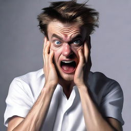 A hyper-realistic digital art piece captures a full-body portrayal of a young man in a state of shock, his hands gripping his head
