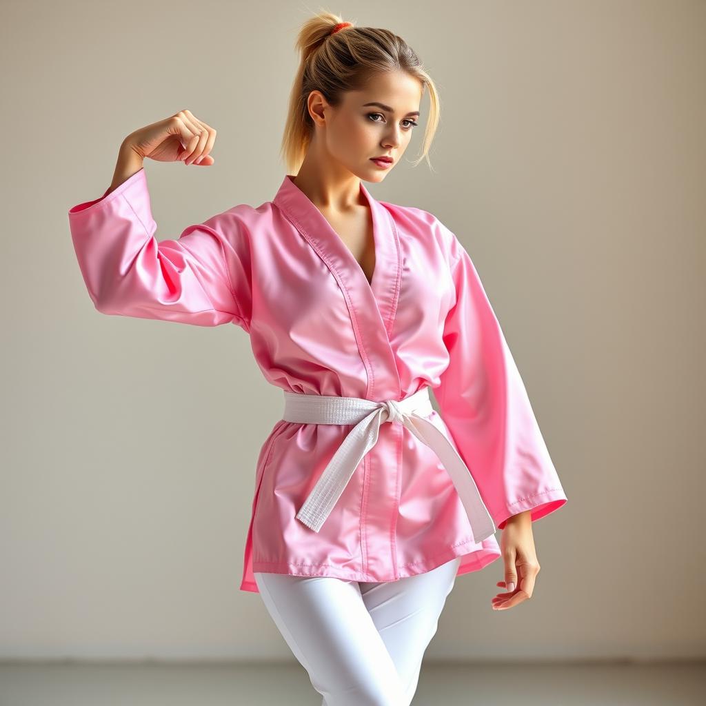 A sexy Caucasian ballerina and martial arts sensei with blonde hair styled in a short ponytail, wearing a pink silk satin karate gi