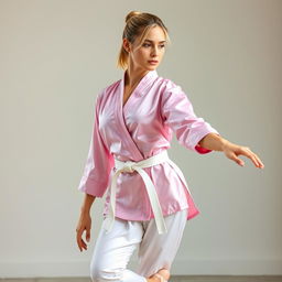 A sexy Caucasian ballerina and martial arts sensei with blonde hair styled in a short ponytail, wearing a pink silk satin karate gi