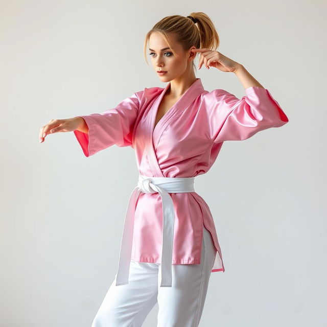 A sexy Caucasian ballerina and martial arts sensei with blonde hair styled in a short ponytail, wearing a pink silk satin karate gi