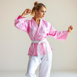 A sexy Caucasian ballerina and martial arts sensei with blonde hair styled in a short ponytail, wearing a pink silk satin karate gi