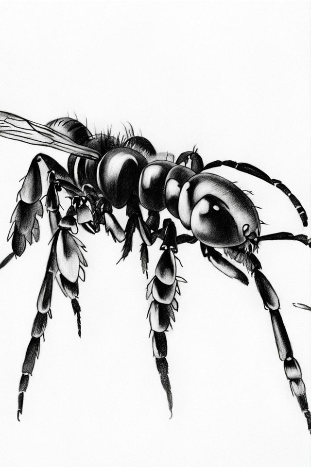 An exceptional charcoal drawing of an ant, depicted in grayscale