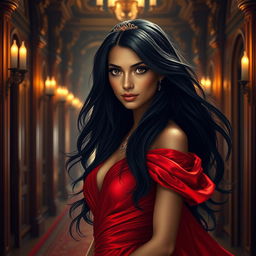 A beautiful princess with long flowing black hair, striking black eyes, and radiant golden skin