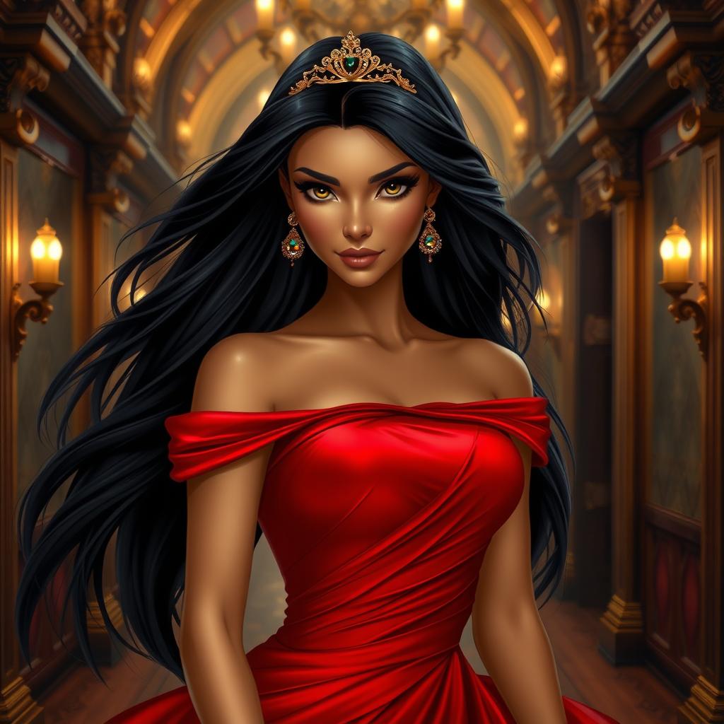 A beautiful princess with long flowing black hair, striking black eyes, and radiant golden skin