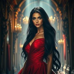 A beautiful princess with long flowing black hair, striking black eyes, and radiant golden skin