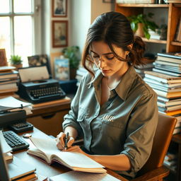 A female writer sitting at her desk, deeply focused on writing, surrounded by stacks of books and notes