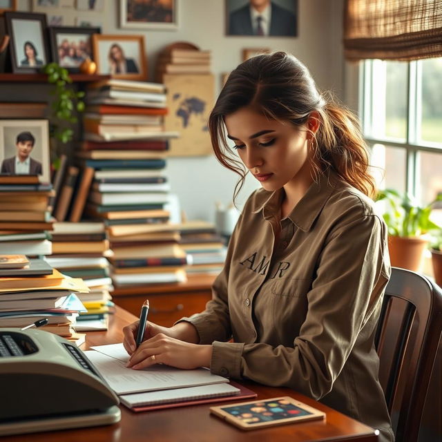 A female writer sitting at her desk, deeply focused on writing, surrounded by stacks of books and notes