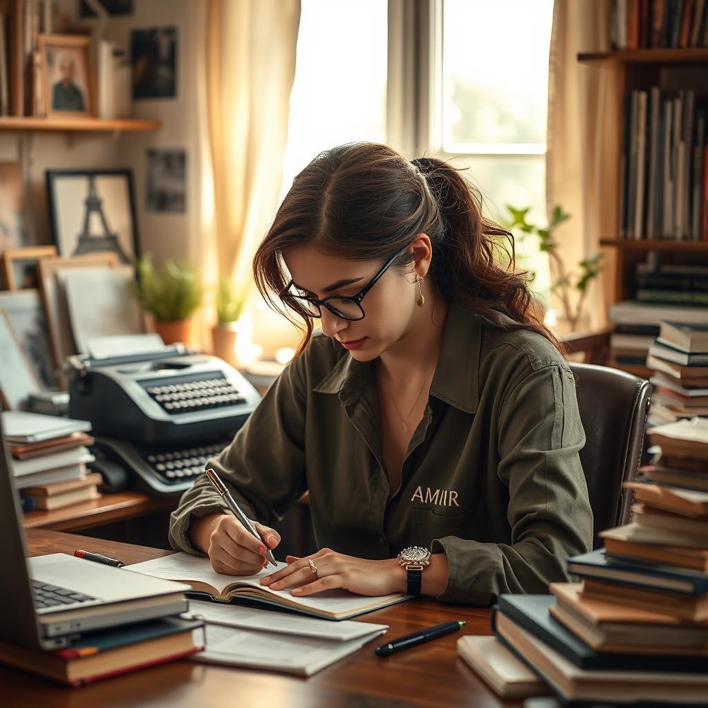 A female writer sitting at her desk, deeply focused on writing, surrounded by stacks of books and notes