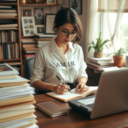 A female writer sitting at her desk, deeply focused on writing, surrounded by stacks of books and notes