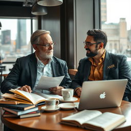A portrait of a writer and screenwriter, both men, engaged in a deep conversation about a script