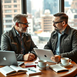 A portrait of a writer and screenwriter, both men, engaged in a deep conversation about a script