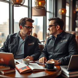 A portrait of a writer and screenwriter, both men, engaged in a deep conversation about a script
