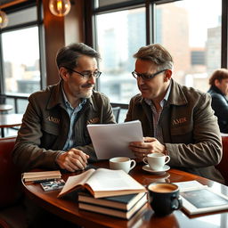A portrait of a writer and screenwriter, both men, engaged in a deep conversation about a script