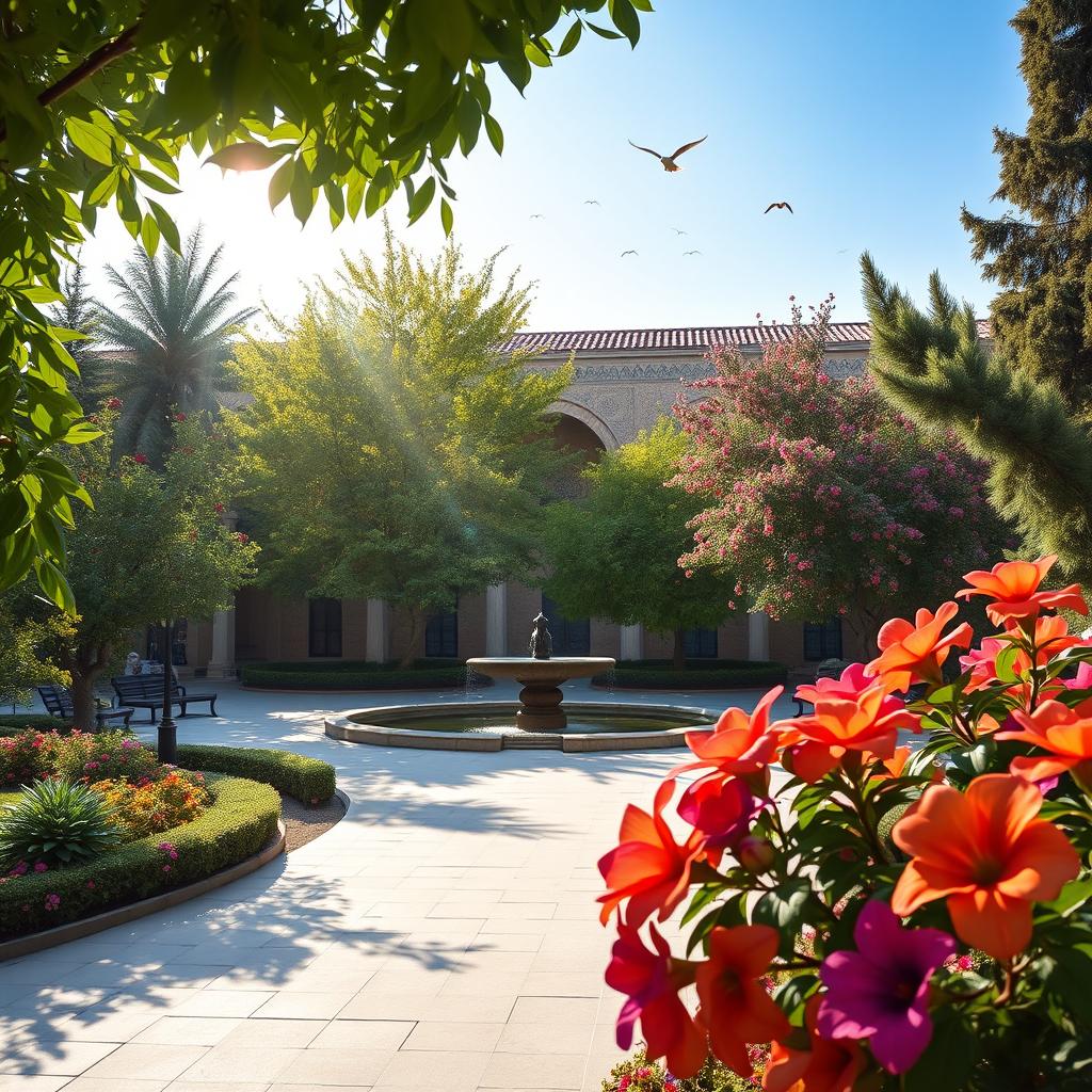 A beautiful and tranquil view of Fadak Garden, featuring lush greenery, blooming flowers in vibrant colors, and a peaceful atmosphere