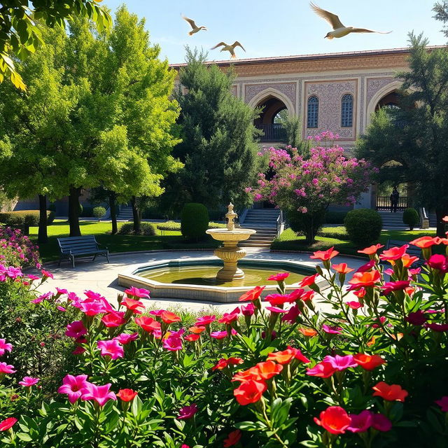 A beautiful and tranquil view of Fadak Garden, featuring lush greenery, blooming flowers in vibrant colors, and a peaceful atmosphere