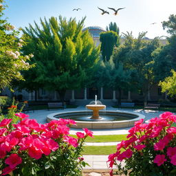 A beautiful and tranquil view of Fadak Garden, featuring lush greenery, blooming flowers in vibrant colors, and a peaceful atmosphere