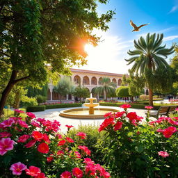 A beautiful and tranquil view of Fadak Garden, featuring lush greenery, blooming flowers in vibrant colors, and a peaceful atmosphere