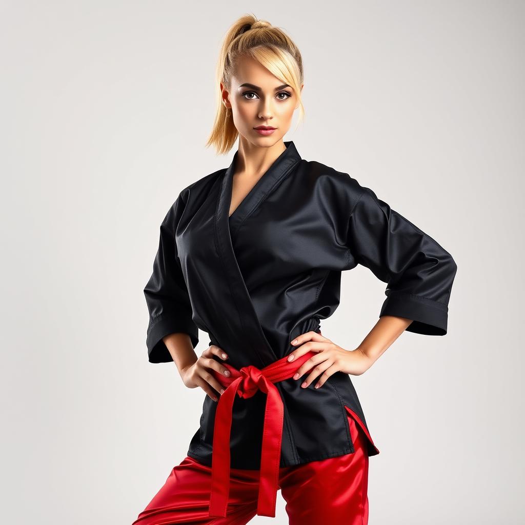 A stunning Caucasian woman portrayed as a martial arts expert and dominatrix, featuring striking blonde hair styled in a short ponytail