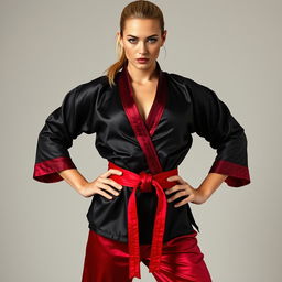 A stunning Caucasian woman portrayed as a martial arts expert and dominatrix, featuring striking blonde hair styled in a short ponytail