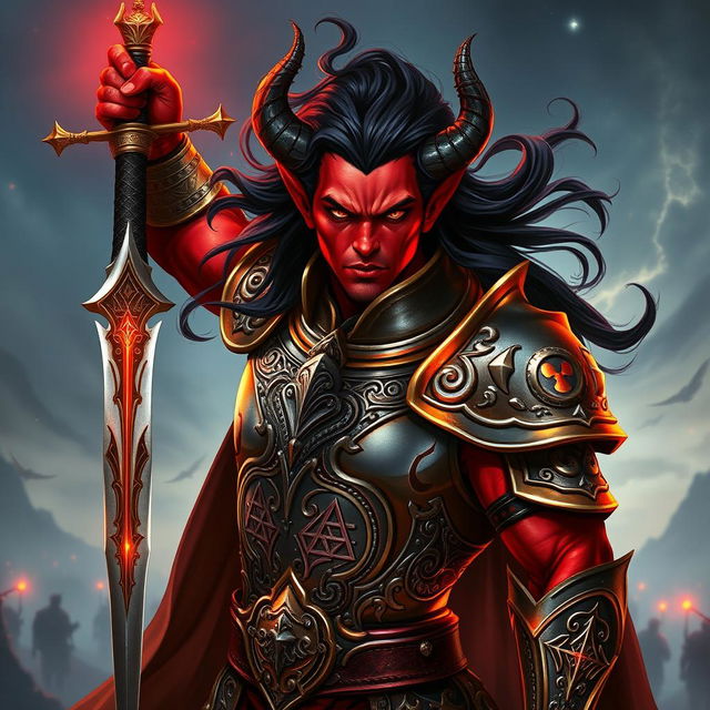 A male tiefling paladin with striking red skin and dark, flowing hair